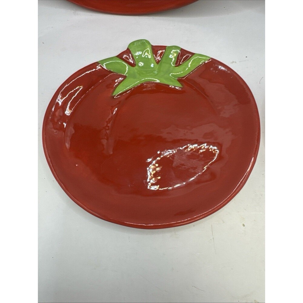 New 4 Red Tomato Shaped Tidbit Plates Ceramic Garden Veg Food Whimsy - Picture 2 of 7
